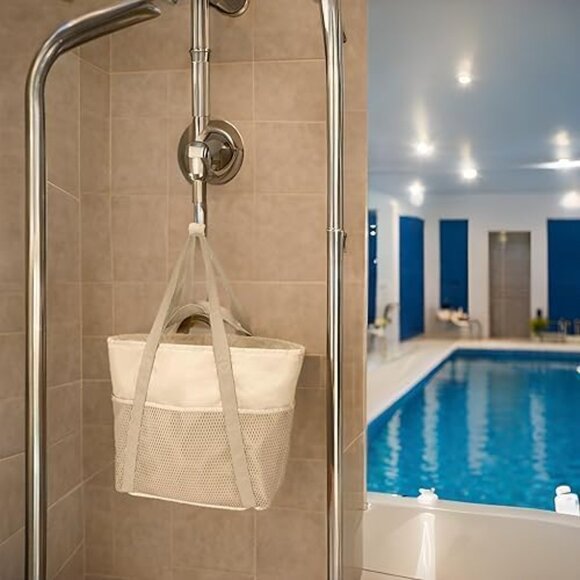 Women's Beige Vacation Waterproof Sandproof With Zipper Mesh Pockets Beach Bag - Picture 6 of 8